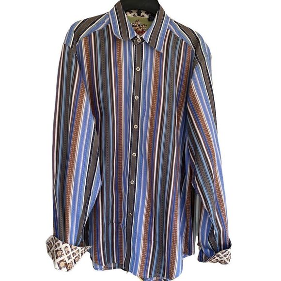 Robert Graham Striped Contrast Collar and Cuff Cotton/Silk Button Down Shirt LT - Picture 1 of 11